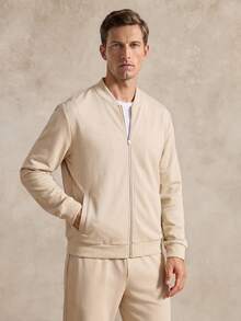Courvante Men's Solid Color Baseball Collar Zip-Up Long Sleeve Jacket And Pants Casual Daily Set Fall - Apricot - View 1