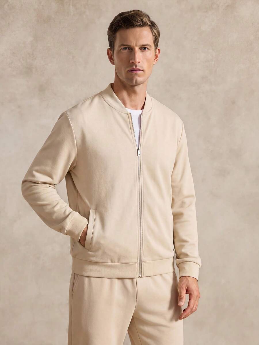 Courvante Men's Solid Color Baseball Collar Zip-Up Long Sleeve Jacket And Pants Casual Daily Set Fall - Apricot - View 1