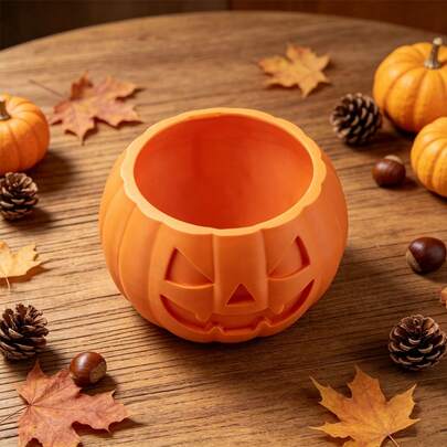 1pc Halloween Pumpkin Shaped Decorative Bowl, 3D Printed Plastic Jack-O'-Lantern, Dried Flower Vase, Halloween Trick Or Treat Supplies, Entryway Table Key Storage Bowl, Halloween Desktop Decor, Day Of The Dead Decoration, Autumn Home Decor