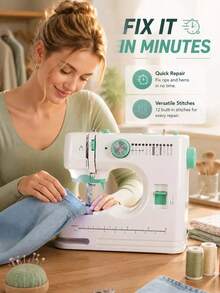 520A Portable Electric Sewing Machine, Household Multi‑Function Sewing Tool With Double‑Needle Double‑Thread, Automatic Threading,12 Sewing Modes, Adjustable Speed & Built‑In Light, Ideal For Family, Beginners & Handmade Lovers - Mint Green - View 10