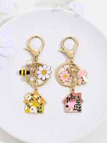 1pc Sweet Cute Vacation Style Enamel House Bee Flower Mushroom Keychain, Bag Decoration, Car Key Pendant, Student Backpack Charm, Souvenir, Gift For Friends - Multicolor - View 1