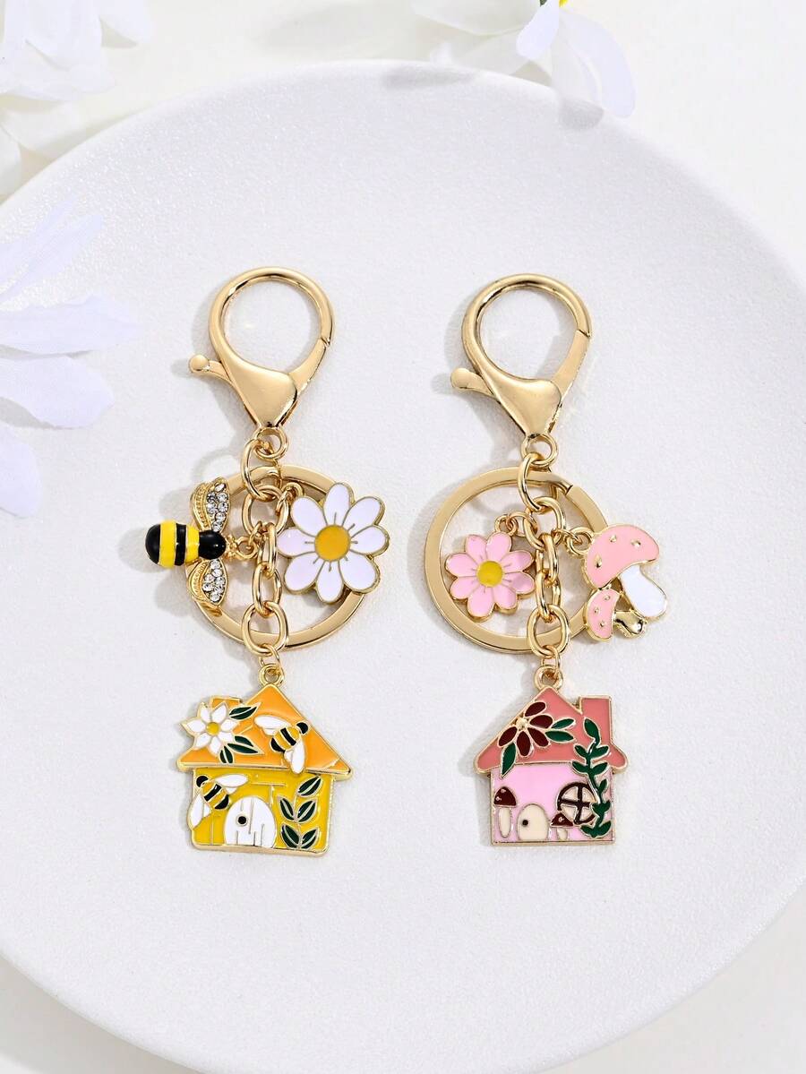 1pc Sweet Cute Vacation Style Enamel House Bee Flower Mushroom Keychain, Bag Decoration, Car Key Pendant, Student Backpack Charm, Souvenir, Gift For Friends - Multicolor - View 1