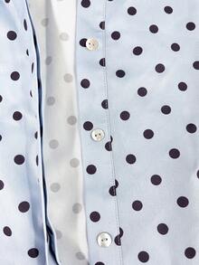 Women's Fashion Elegant Minimalist Commute Retro Colorblock Polka Dot Light Blue Hidden Button Tie Waist Blouse - Light Blue - View 5