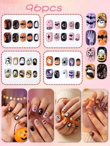 96pcs Y2K Style Halloween Cartoon Little Girl Press-On Artificial Nails, Full Coverage Short Kids Fake Nails Set, Girls Gift, Nail Art Decoration, Holiday Nail Set - Multicolor - View 1