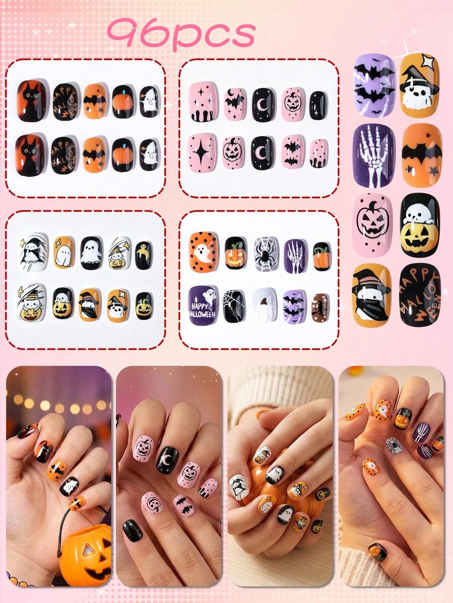96pcs Y2K Style Halloween Cartoon Little Girl Press-On Artificial Nails, Full Coverage Short Kids Fake Nails Set, Girls Gift, Nail Art Decoration, Holiday Nail Set - Multicolor - View 1