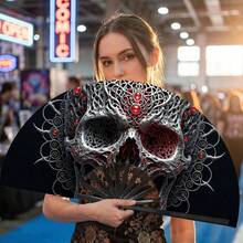 1pc Halloween Kung Fu Fan Gothic Style Exquisite Floral Skeleton Print Handheld Folding Fan, Plastic Black Ribs, Decorative Portable Fan For Daily Use And Theme Parties - One Size Fits All - View 3