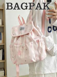 1pc Plaid Star & Bow Print Backpack, College Style Drawstring Flap Multi-Pocket Daily Bag, Suitable For Campus Daily Commute - Multicolor - View 2