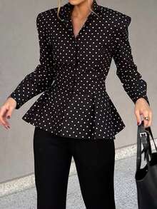 Unadoll Women's Autumn Black Polka Dot Ruffle Trim Blouse, Elegant Long Sleeve Slim Fit Shirt, Fashionable For Commuting, Office And Back To School - Black - View 7