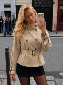 Women's Khaki High Neck Double-Breasted Cinched Waist Tie Short Elegant Street Casual Versatile Daily Vintage Commute Trench Coat - Khaki - View 1
