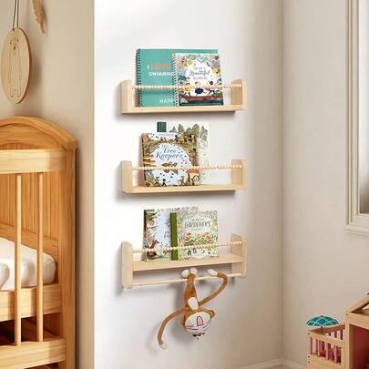 Wall-Mounted Shelf, Suitable For Bedroom Home Decor, Natural Wood Wall-Mounted Bookshelf With Towel Bar, Hanging Bookshelf