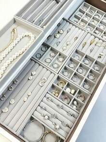 6/1pc Wooden Velvet Jewelry Tray, Jewelry Storage Display Tray, Drawer-Style Earring Storage Box, Stackable Jewelry Storage Tray, Multi-Functional Jewelry Display Tray, Portable Multi-Purpose Storage Box, Office Desk Drawer Storage Box - Multicolor - View 3