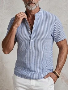 GOLDREDY Stand Collar Half-Button Striped Short Sleeve Shirt Men's Summer Seersucker Breathable Japanese Casual Henley Collar Shirt - Blue - View 5