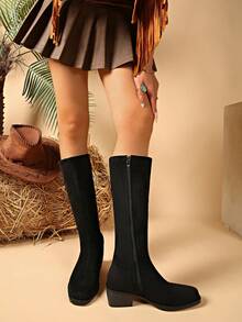 Women's New Autumn/Winter Fashion Knee-High Boots With Side Zipper, Soft Elastic Material, Leg-Flattering Western Style, Chunky Heel, Square Toe, Comfortable Classic Boots For Holiday Parties And Outdoor - Black - View 4