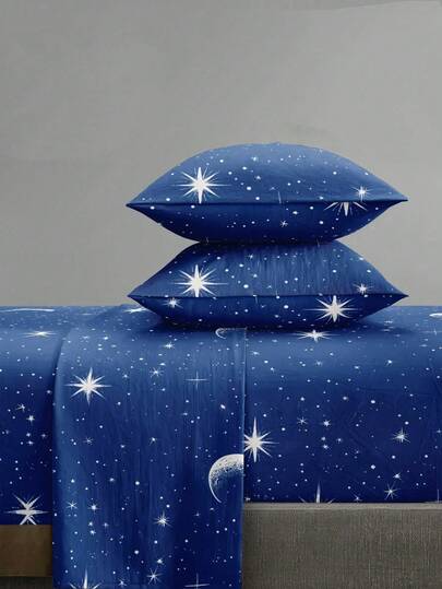 Set di biancheria da letto 4 pezzi con motivo luna blu e stelle, set di biancheria morbida e facile da curare, set di lenzuola con motivo floreale (1 lenzuolo piatto + 1 lenzuolo con angoli + 2 federe), set di lenzuola con angoli, adatto per letti King, Queen, Full e Twin, design con tasche profonde, federe fino a 11,8 pollici, morbido e traspirante