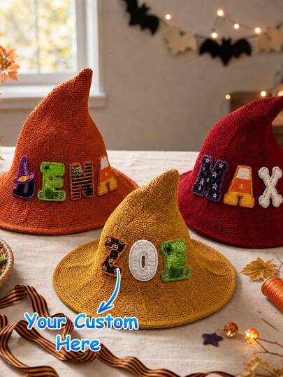 Custom Halloween Witch Hat Crochet Pointed Hat Letter Patch Unisex DIY Custom Costume Party Accessory Sorceress Cap Halloween Cosplay Gift, Custom Name Halloween Hat, Trick Or Treat Costume