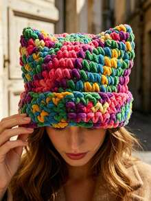 1 Pc Layered Gradient Color Cat-Ear Hand-Knitted Hat, Thick Woolen Scarf For Warmth And Protection, Hair Accessory, Gift For Friends - Multicolor - View 1