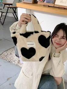 Autumn/Winter Cow Print Heart Plush Tote Bag, Sweet Style Large Capacity Commuter Fuzzy Handbag - White - View 6
