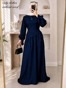 Four Seasons Women's Solid Color Long Dress, Stand Collar Asymmetric Patchwork Ruched Flared Skirt, With Belt, Casual Slim Fit Dress Fall - Navy Blue - View 1