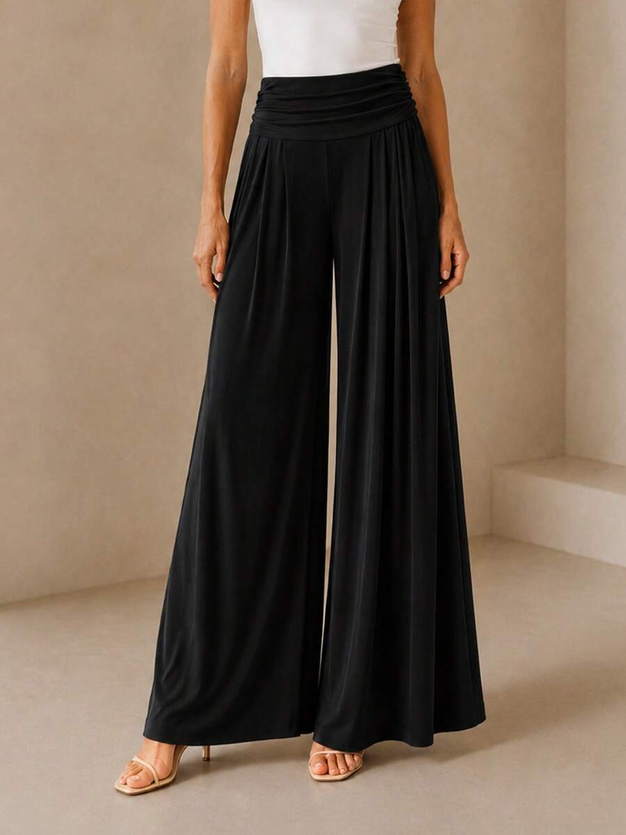 Women's High Waist Pleated Palazzo Pants Solid Black Wide Leg Modal Knit Trousers - Black - View 1