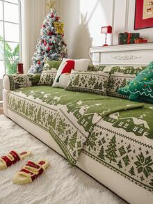 1PC Green Christmas Decorative Chenille Sofa Cushion, Anti‑Slip All‑Season Sofa Protector Cover, Machine Washable For Living Room Bedroom Home Decoration - Green - View 2