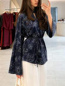 Women's Elegant Floral Print Top, Autumn - Royal Blue - View 7