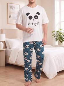 Plus Size Men's Panda Print Pajama Set, Summer Short Sleeve T-Shirt + All-Over Print Loose Casual Lounge Pants - White - View 3