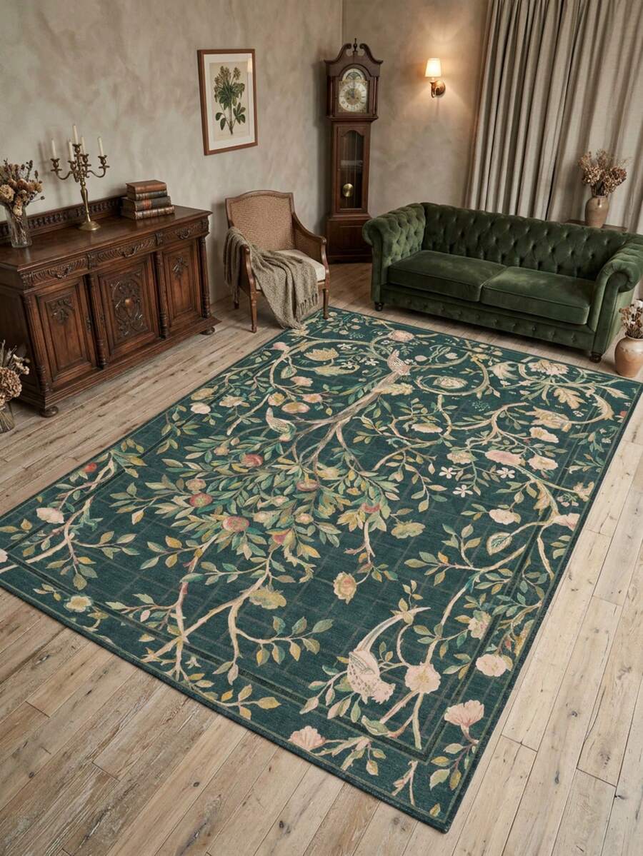 1PC Vintage Floral Bird Vine Pattern Deep Dark Green Area Rug, French Country Style Faux Cashmere Rectangular Dark Grid Border Machine Washable Floor Mat, Suitable For Living Room Bedroom Balcony Aesthetic Home Decor - Multicolor - View 1