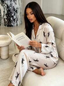 2pcs Women's Sexy Printed Long Sleeve Pajama Top + Elastic Waist Long Pants Loungewear Set - Apricot - View 4