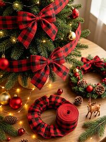 2/1 Roll Christmas Ribbon, Red & Black Buffalo Plaid Ribbon, Christmas Packaging Ribbon, Suitable For Wreath Making, Gift Decoration Packaging, Handmade Bow DIY, Christmas Home Decor, Room Decoration, Adding Christmas Atmosphere - Fabric Strap - View 3
