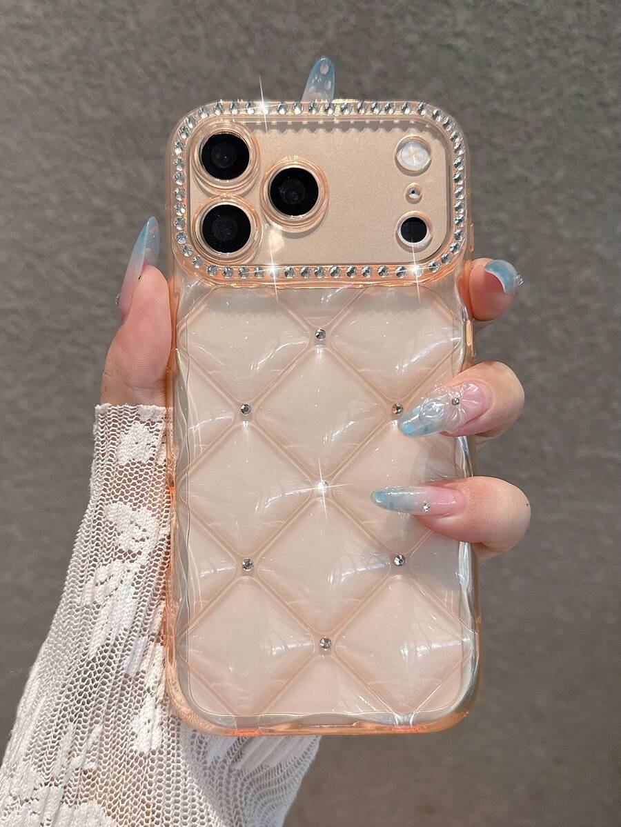 Minimalist Orange Rhinestone Diamond Grid Phone Case Compatible With IPhone 18 Pro Max/18 Pro/18/17 Pro Max/17 Pro/16 Pro Max/16/16 Pro/16 Plus/15/15 Pro Max/15 Pro/11/12/13/14 Pro Max/11 Pro/11 Pro Max/12 Pro/12 Pro Max/13 Pro/13 Pro Max/14 Pro/14 Pro Max/Full Coverage Anti-Drop Soft Shell Creative Personalized