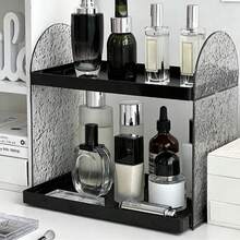 1pc Double-Layer Wavy Texture Side Panel Cosmetic Display Rack, Highly Attractive Desktop Organizer, Vanity Storage For Perfume And Skincare, Home Decor, Multi-Layer Desktop Washstand Cosmetic Storage, Bathroom Water Ripple Organizer - View 1