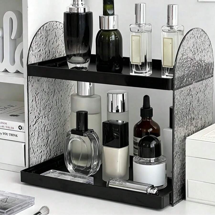 1pc Double-Layer Wavy Texture Side Panel Cosmetic Display Rack, Highly Attractive Desktop Organizer, Vanity Storage For Perfume And Skincare, Home Decor, Multi-Layer Desktop Washstand Cosmetic Storage, Bathroom Water Ripple Organizer - View 1