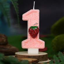 1pc Handmade Pink Glitter Number Birthday Candle With Rhinestone Raspberry Fruit Decoration, 0-9 Number Cake Topper, Sweet Cute Girl Birthday Baby Shower Fruit Theme Party Dessert Table Celebration Supplies - Pink Strawberry - View 6