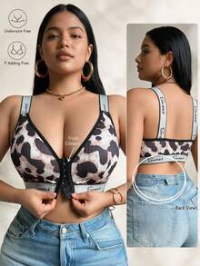 Plus Size Women's Front Closure Wireless Bra With Silver Ribbon - Black and White - View 6