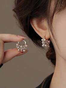 1 Pair Elegant Cubic Zirconia Hollow Faux Pearl Stud Earrings, Suitable For Women's Daily Wear - Coffee Gold - View 3