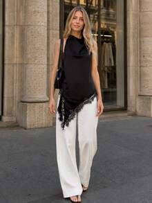 MUMRAP Women's Elegant Solid Color Lace Patchwork Backless Blouse Black Summer - Black - View 3