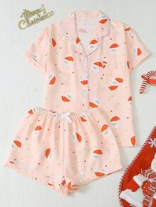 2pcs Comfortable Santa Claus Polka Dot Print Short Sleeve Lapel Top And Bow Shorts Women's Pajama Set - Pink - View 1