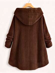 Women's Corduroy Long Sleeve Button-Up Hooded Shirt, Perfect For Autumn And Winter Wear. - Coffee Brown - View 3