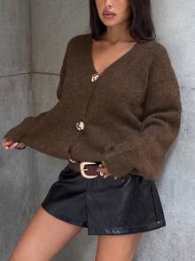 Cozy Women's Casual Retro Solid Color Single-Breasted Metal Button V-Neck Knit Cardigan Longe SLeeve Drop Shoulder Sweater For Fall And Winter - Brown - View 8