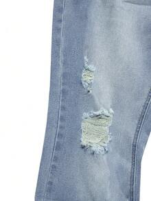 Men's Fashion Distressed Slightly Flared Washed Stretch Denim Jeans - Light Wash - View 5