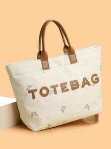 New Women's Tote Bag, Nylon Fabric, Butterfly Print & Letter Pattern, Handbag For Outing, Commuting, Shopping, Large Capacity - White - View 1