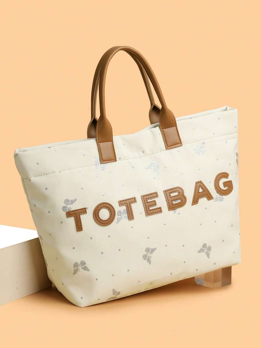 New Women's Tote Bag, Nylon Fabric, Butterfly Print & Letter Pattern, Handbag For Outing, Commuting, Shopping, Large Capacity - White - View 1