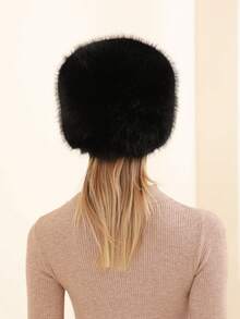 1PC Solid Color Elegant Casual Polyester Faux Fox Fur Round Top Flat Top Bucket Hat For Women, Warm, Versatile, Face-Slimming, Winter - Multicolor - View 4