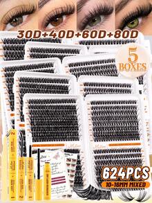 Large‑Capacity 624Pcs D‑Curl Fluffy DIY Lash Clusters, 30D+40D+60D+80D Mixed Densities, Comes With Essential Tools Including Lash Adhesive And Tweezers,Lightweight For Big‑Eye Wedding Party Travel Occasions - Black - View 12