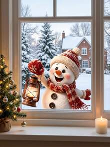 Christmas Static Clings Window Sticker, Cute Snowman Window Decal, Snowman Holding Rustic Lantern Window Decal, Double-Sided Visible, For Living Room Cafe Farmhouse Holiday Window Decoration, Christmas Window Decorations, Holiday Party Decor - Multicolor - View 4