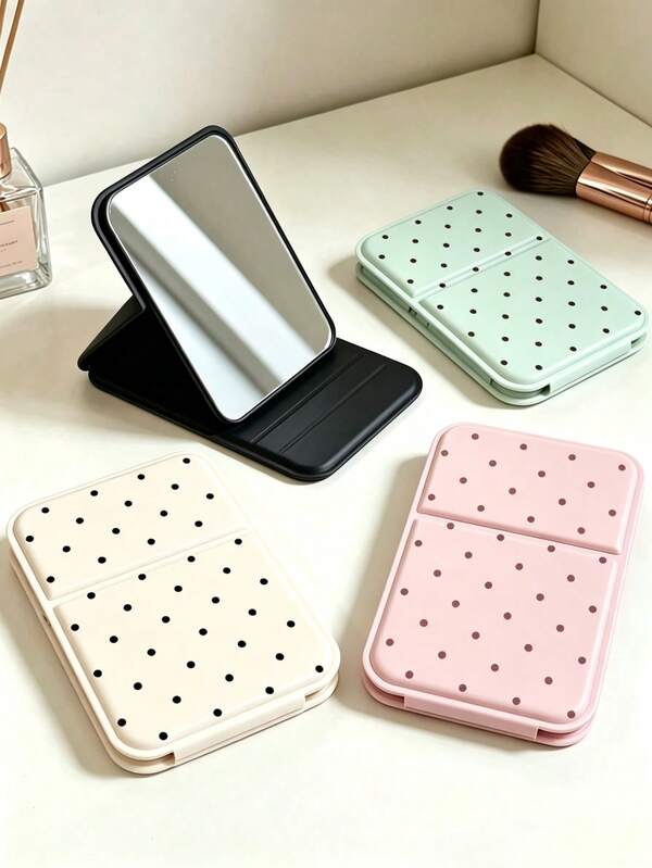 2pcs Upgraded New Colorful Polka Dot Mini Foldable Portable Makeup Mirror, Pink/Green/White/Black, With Stand Design, Decorated With Polka Dot Pattern; Suitable For Travel And Daily Use; Minimalist Style Desktop Rectangular Folding Makeup Mirror, Back To School Essential, Can Be Given As A Gift To Friends, Family, Teachers, Home Christmas Decoration, Christmas, Christmas Decoration, Christmas House Decoration, Christmas Stocking Filler, Christmas Decoration, 2026 Christmas Decoration, Room Decoration, Office Decoration, Travel Essential