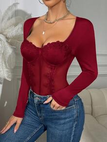 RAHQ 1pc Fashionable Bodysuit, Long Sleeve Square Neck, Delicate Sheer Mesh Decor, Slim Fit - Red - View 5