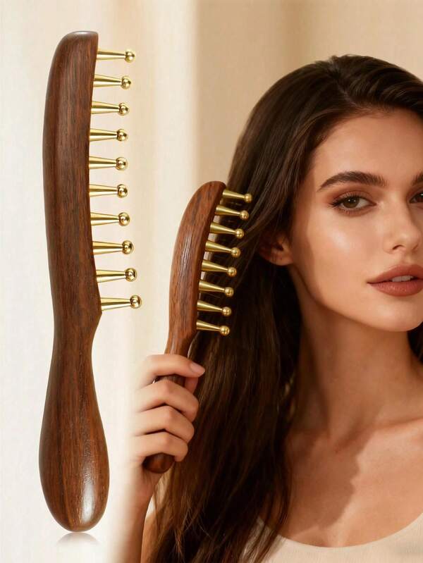 1 Peça Pente de Dentes Largos, Material de Latão, Cabo Longo, Escova de Massagem de Couro Cabeludo com Dentes Redondos Grandes, Adequado para Penteado de Cabelos Cacheados e Lisos, Ferramenta de Massagem Corporal