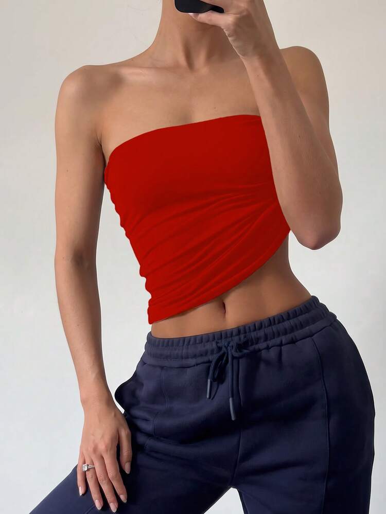 GLAMSKIN Women's Sexy Strapless Top, Summer/Autumn Casual Double Layer Slim Fit Basic Camisole, Back To School, Streetwear And Beach Vacation Red - Red - View 6