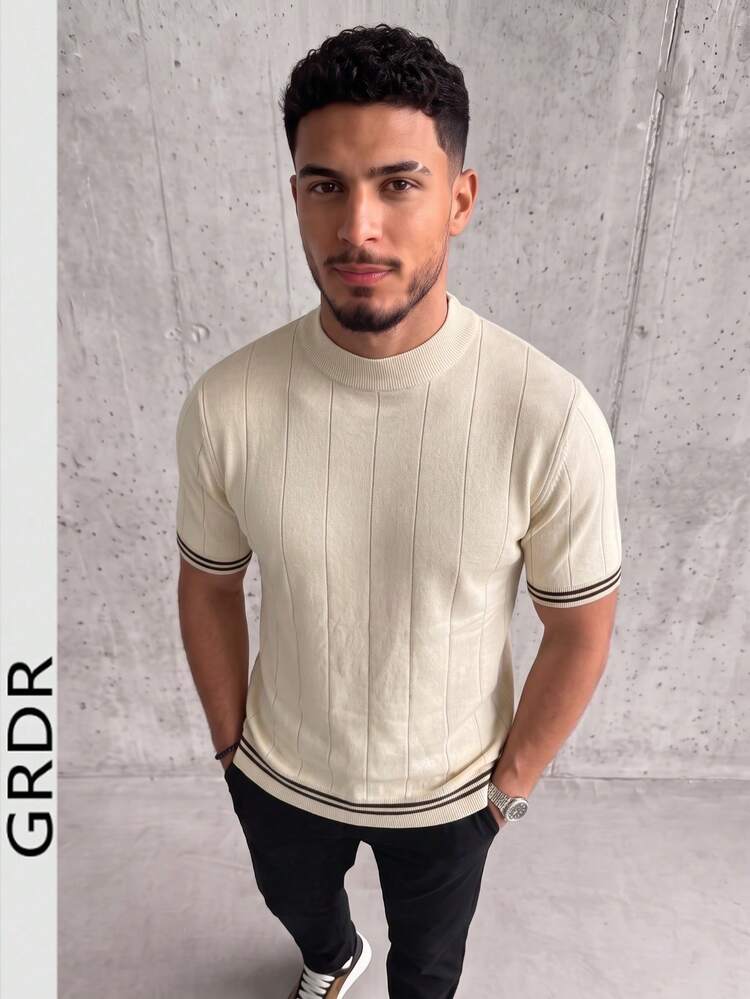 GRDR Men's Crew Neck Simple Ribbed Knit Short Sleeve T-Shirt - Casual Daily Wear - Apricot - View 4